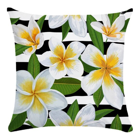 Striped with White & Yellow Plumeria Pillow Cover - Picture 1 of 4